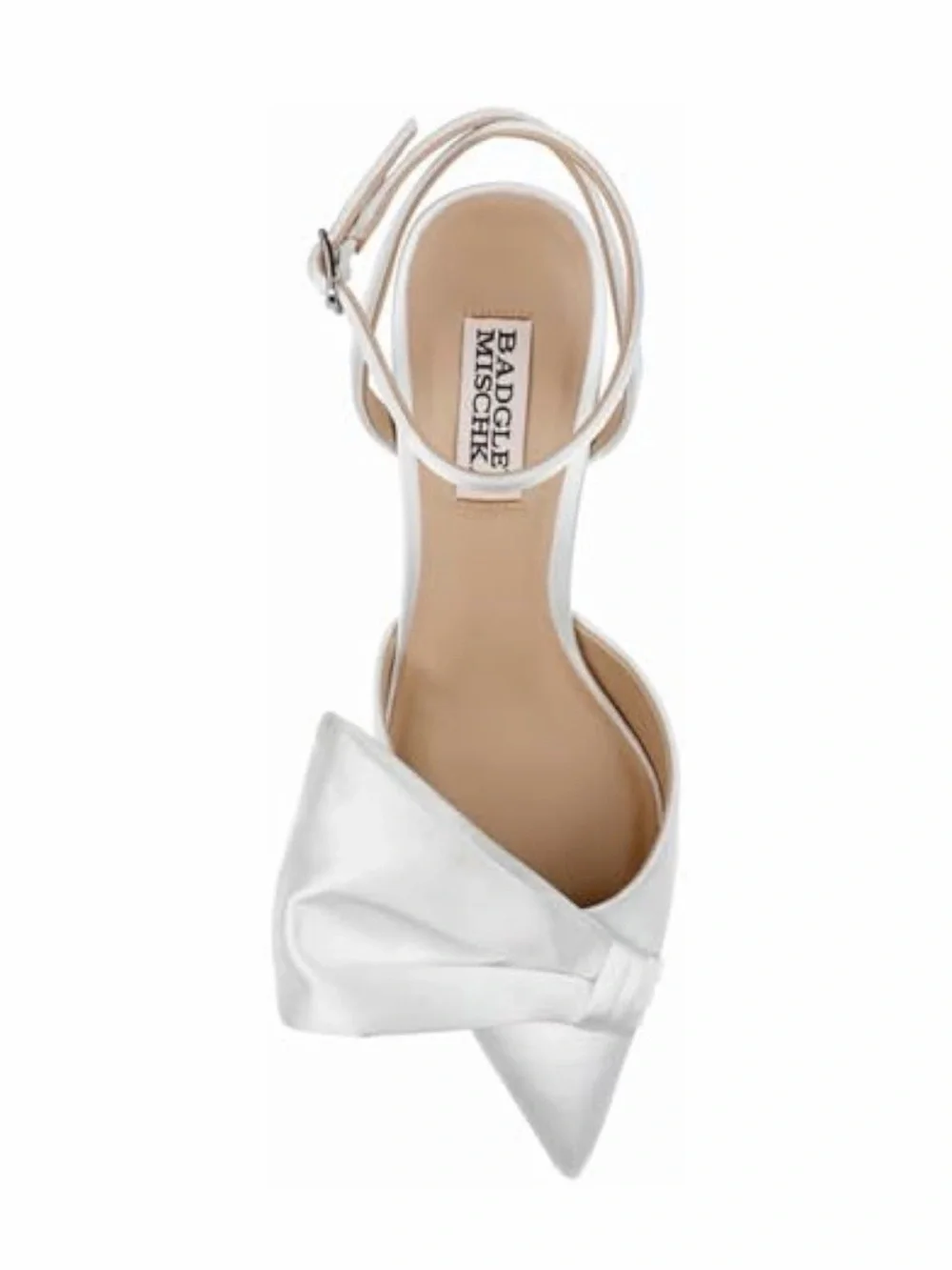Badgley Mischka White Satin Pointed-Toe Bow Ankle-Strap Block Heel - Picture 3 of 3